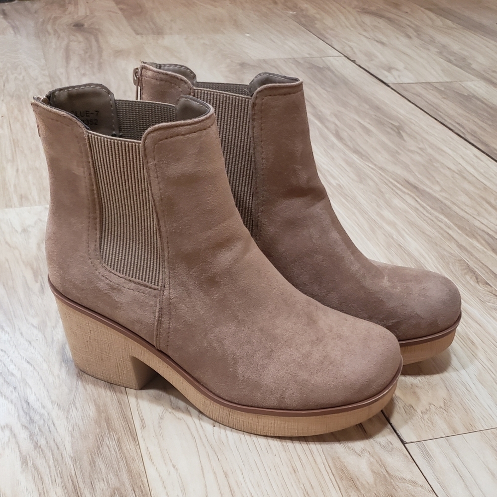 Chunky Square Toe Womens Chelsea Boots Light Brown Suede Size 11, Versatile - Picture 2 of 5